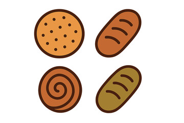 Assortment of baked goods icons including cookie, roll, and bread loaves