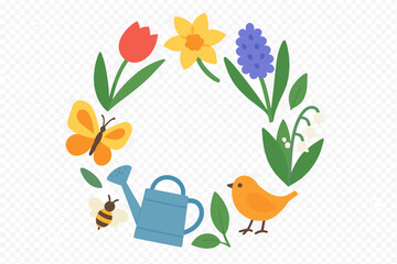 Decorative circular frame with colorful spring flowers and garden elements