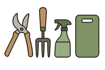 Set of essential gardening tools including shears fork spray bottle and kneeling pad