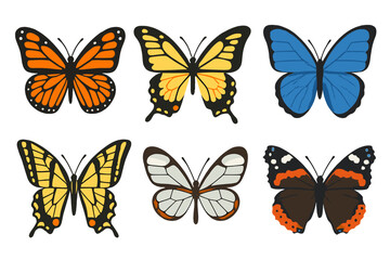 Set of six colorful butterflies featuring various species like monarch and swallowtail