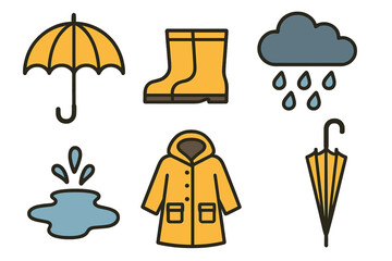 Yellow rubber boots, raincoat, umbrella, and rain cloud for wet autumn weather