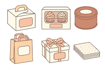 Set of various dessert and gift packaging containers including boxes, shopping bags, and a round tin