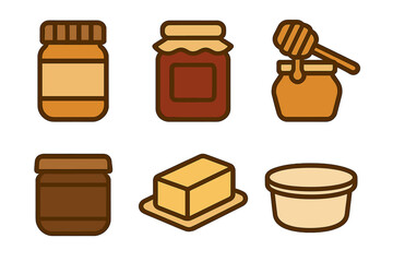 Jars and containers of sweet and savory breakfast spreads including honey, jam, peanut butter, and butter