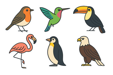Six colorful diverse bird species set featuring tropical, temperate, and polar fauna