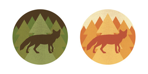 Round emblems with a fox silhouette on forest background. Forest animal. Vector illustration
