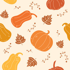 Autumn seamless pattern design with hand drawn pumpkins, leaves and berries. Vector illustration