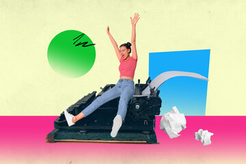 Zine banner full photo collage of happy girl guy author stand retro typewriter machine novelist...