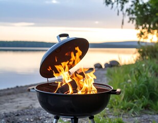 BBQ at lakeside sunset