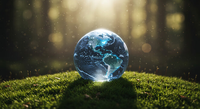 digital earth globe on green forest grass with sunlight and glowing particles