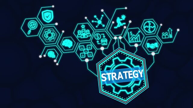 STRATEGY Concept Illustration Depicting Business Planning, Market Analysis, Goal Achievement, Competitive Advantage, Decision-Making, and Growth for Long-Term Success.