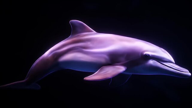 Realistic 3d Dolphin swimming in dark water with purple light