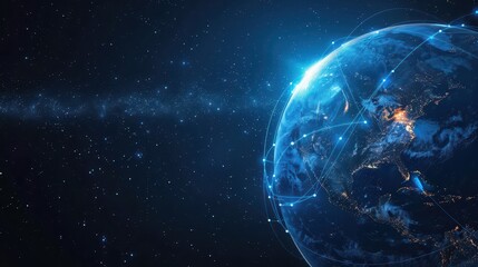 Earth day concept with connected globe in space scene for environmental awareness design. Horizontal banner. Copy space. Fre space for text