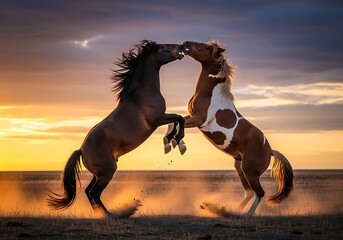 Majestic Horses Battling at Sunset - A Display of Power and Beauty.