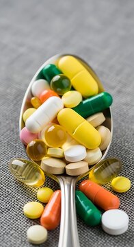 Spoonful of Assorted Pills and Capsules - Medication Overload and Healthcare Concept.