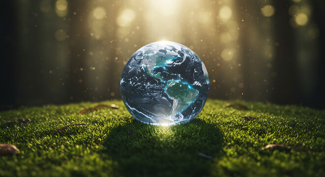 digital earth globe on green forest grass with sunlight and glowing particles - Powered by Adobe
