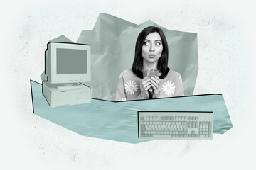 Composite 3d poster art pop collage of happy businesswoman businessman stand pc monitor desktop keypad tool freelancer occupation