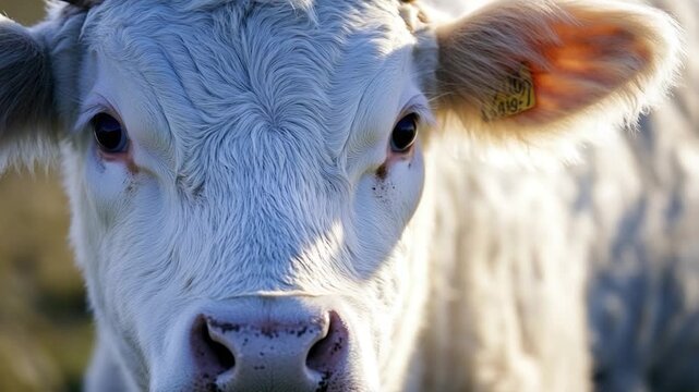 Close-up shot of a cow's face in a green field, grazing peacefully