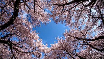A low-angle view reveals a bright blue sky framed by blossoming pink branches in full bloom, creating a natural, floral archway