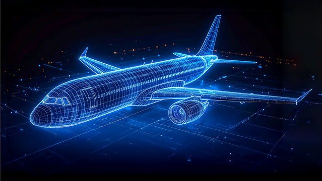 A digital airplane model with vibrant neon outlines, against a high-tech background. The image showcases the intricate design and futuristic aspects of aviation