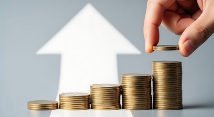 Hand adding a coin to a rising stack of gold coins symbolizing financial growth and investment success with a large white arrow indicating upward trend