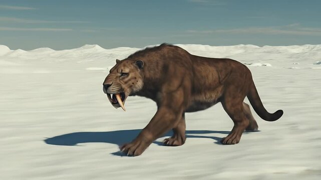 Realistic 3D Saber Toothed Cat Walking Across Snow