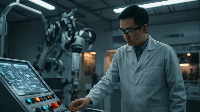 Realistic 3D Scientist Man Operating Robotic Arm Control Panel