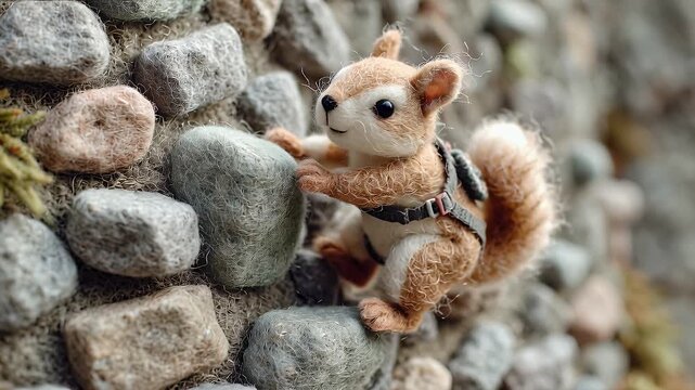 Squirrel climbing stone wall miniature toy animal studio shot concept image