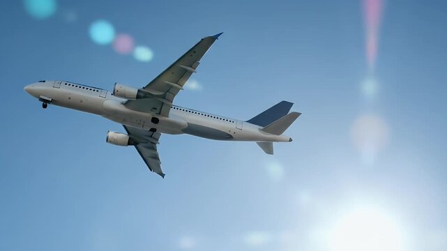Realistic Airplane Ascending Against a Bright Blue Sky With Lens Flare