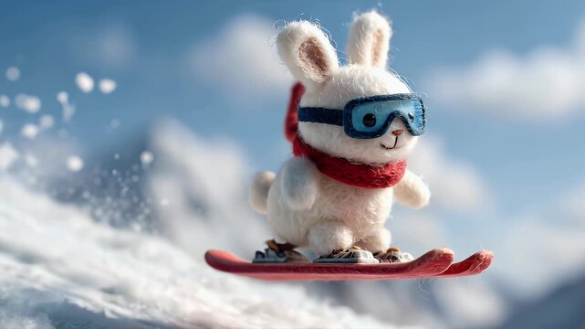Animated rabbit skier on snowy slope against a blue sky with clouds