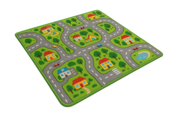 Road-themed play mat with streets and buildings, perfect for a child's room.