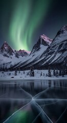 Aurora Borealis over Snowy Mountains and Frozen Lake Reflection.