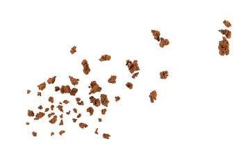 Flying instant coffee granules scattered in air forming natural brown texture with aromatic caffeine particles for beverage concept, drink design, and creative food background
