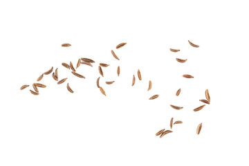 Flying cumin seeds scattered in air creating aromatic spice texture and natural seasoning pattern...