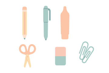 Pastel colored stationery supplies including pencil pen scissors eraser and paper clips