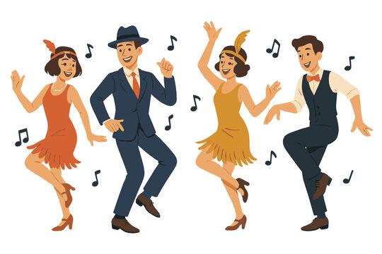 Couples dancing Charleston or swing in vintage 1920s flapper style attire