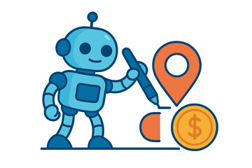 Friendly robot character plots financial route on digital map