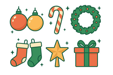 Set of colorful Christmas holiday icons including ornaments, candy cane, wreath, and gift