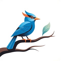 Fototapeta premium Blue songbird on branch, minimal nature illustration