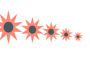 Five abstract starburst elements aligned horizontally in coral and dark gray
