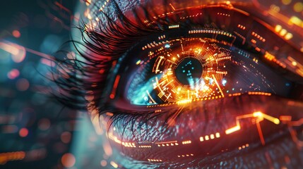 Futuristic eye with glowing digital circuit patterns close up view