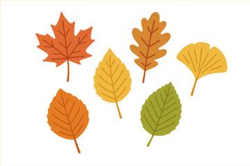 Colorful collection of autumn leaves including maple, oak, and ginkgo in flat style