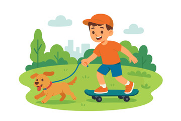 Happy boy skateboarding with his dog on a leash in a green park during summer