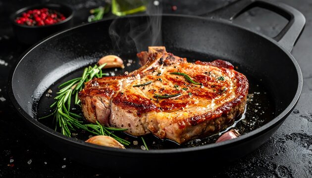 Sizzling pork chop in a cast iron skillet