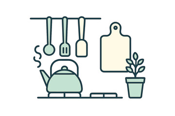Minimalist kitchen setup with hanging utensils, steaming kettle, cutting board, and potted plant