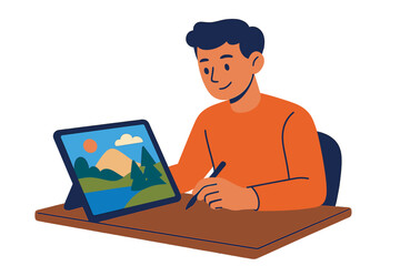 Smiling artist drawing a colorful nature landscape scene on a modern graphic tablet using a digital pen