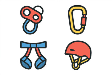 Essential safety equipment for rock climbing and mountaineering activities including harness, helmet, and carabiner