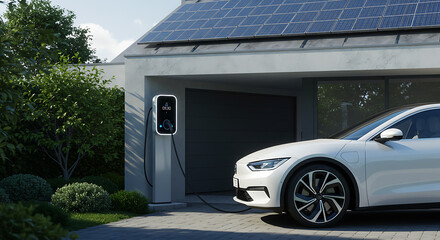 electric vehicle charging at solar-powered home with modern driveway and green landscaping