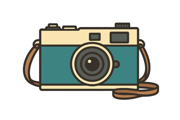 Retro style compact camera with strap in teal and beige colors on white background