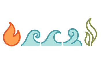 Minimalist graphic symbols for fundamental natural elements fire water air