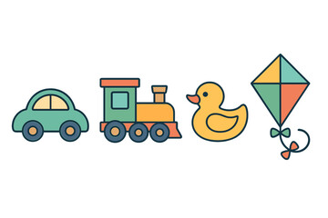 Colorful set of classic childhood toys featuring a green car, train, yellow rubber duck, and geometric kite